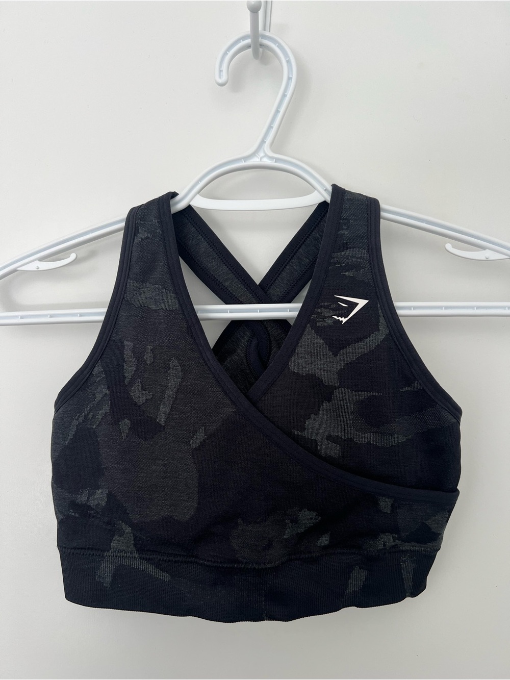Gymshark Black Camo Sports Bra - Crossback Support, Size Small